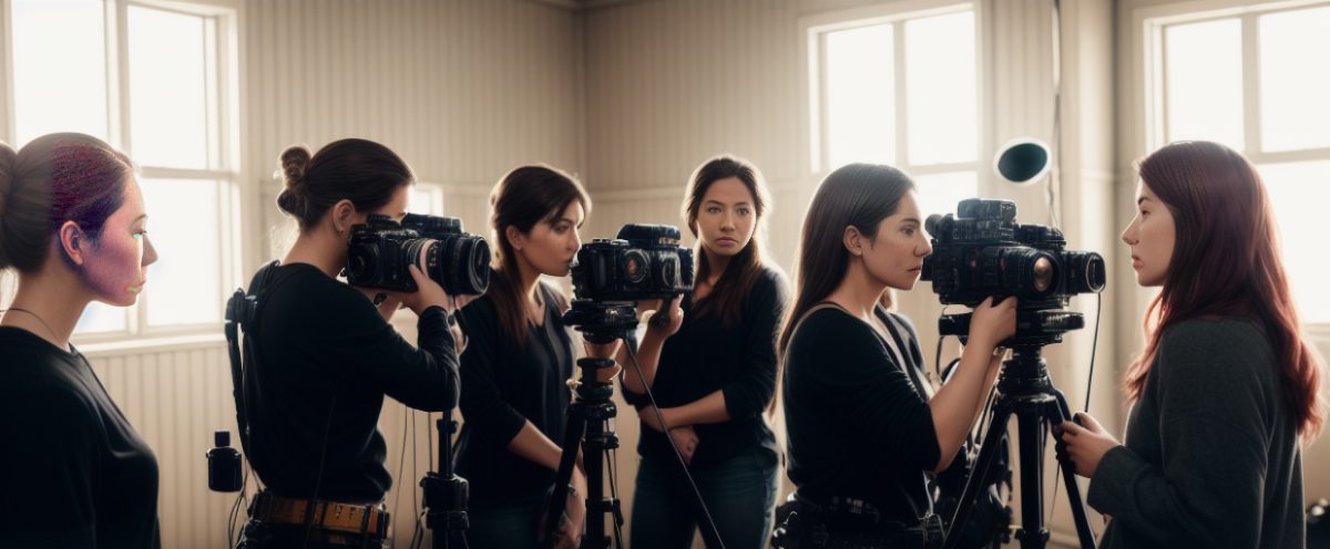 Women collaborating together on a film set